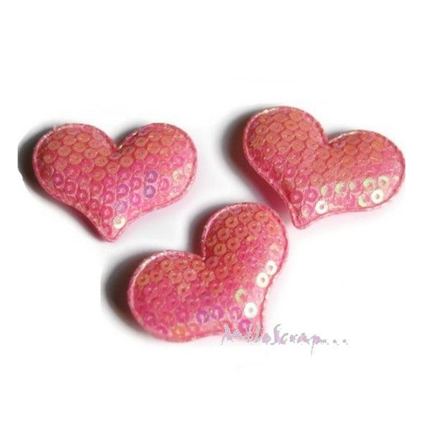Appliques cœurs tissu sequins rose - 5 pièces - Photo n°1
