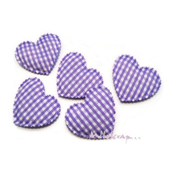 Appliques cœurs tissu vichy violet - 5 pièces - Photo n°1