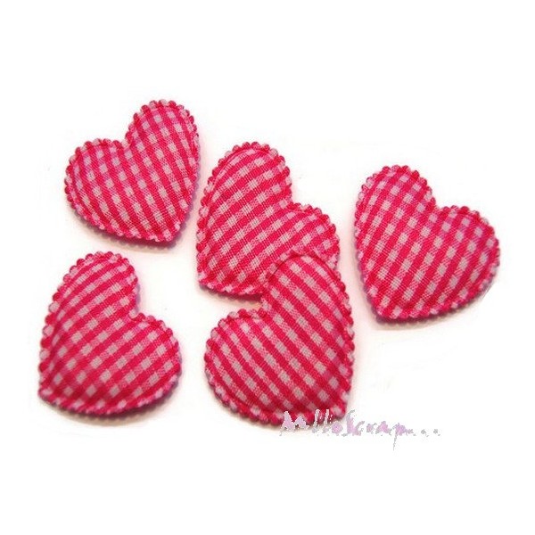 Appliques cœurs tissu vichy rose foncé - 5 pièces - Photo n°1