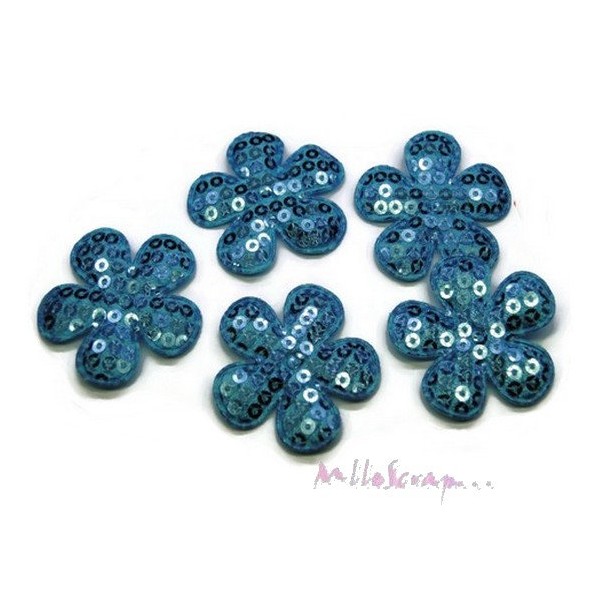 Appliques fleurs tissu sequin bleu - 5 pièces - Photo n°1