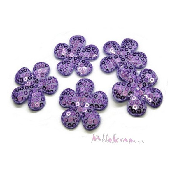 Appliques fleurs tissu sequin violet - 5 pièces - Photo n°1