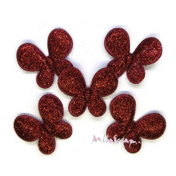 Appliques papillons tissu paillettes rouge - 5 pièces - Photo n°1
