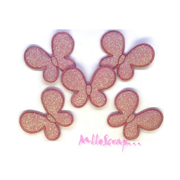 Appliques papillons tissu glitter rose clair - 5 pièces - Photo n°1
