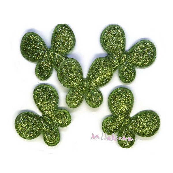 Appliques papillons tissu glitter vert - 5 pièces - Photo n°1