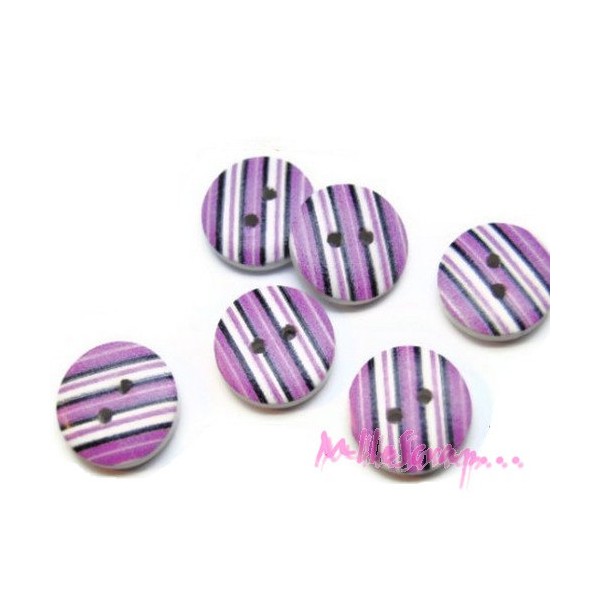 Boutons bois décorés rayures violet - 6 pièces - Photo n°1