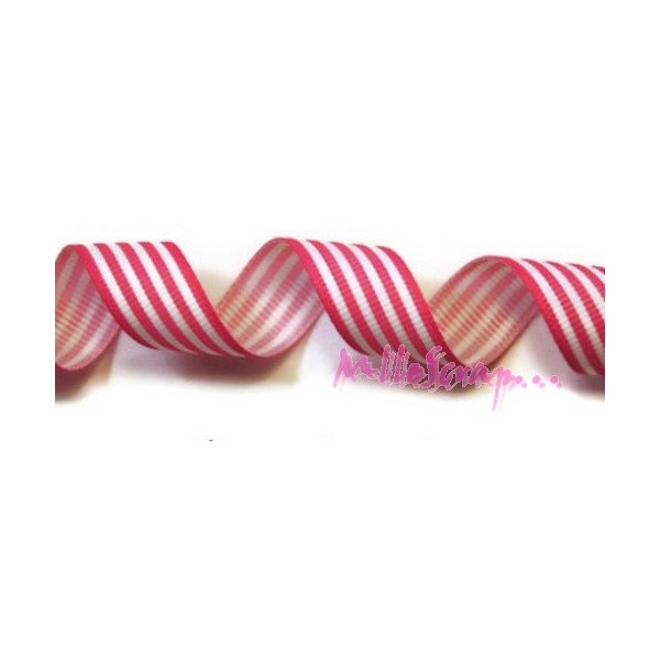 Ruban tissu grosgrain rayures rose foncé, blanc - 1 mètre - Photo n°1