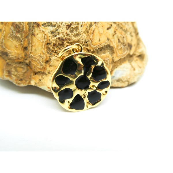Pendentif rond irrégulier - 17*14.5mm - doré et émail noir façon léopard - Photo n°1