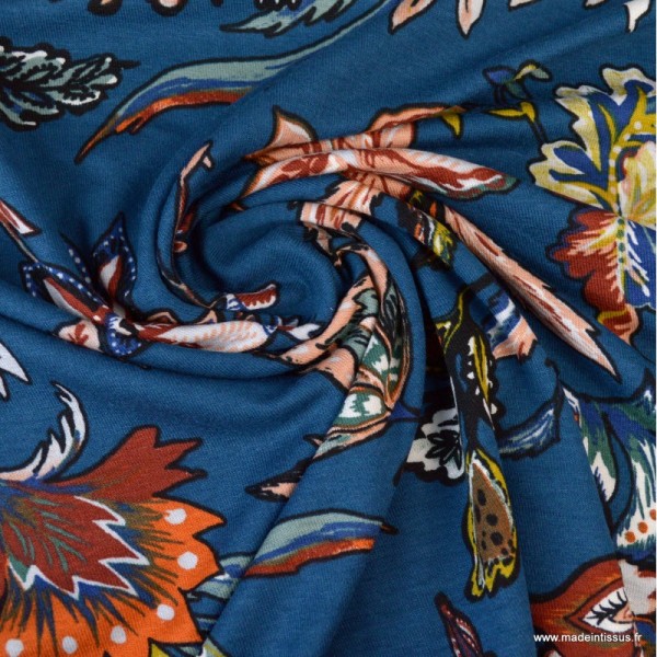 Tissu Jersey Viscose motif fleurs fond Bleu - Photo n°2