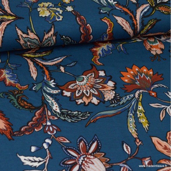 Tissu Jersey Viscose motif fleurs fond Bleu - Photo n°1