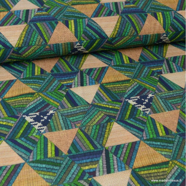 Tissu coton imprimé Triangles façon Canevas Vert - oeko tex - Photo n°1