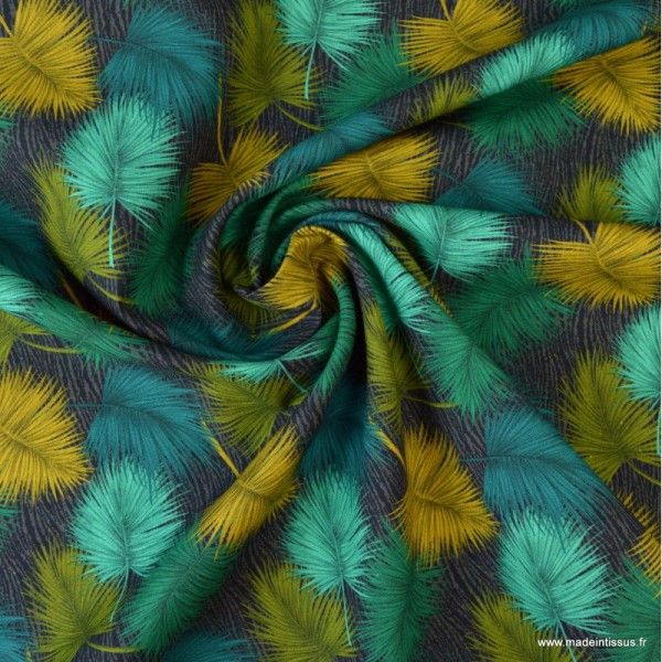 Tissu popeline coton imprimé feuilles de palme vert, pétrole et ocre - Photo n°2