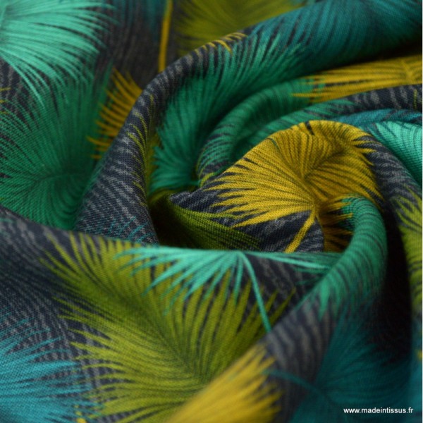 Tissu popeline coton imprimé feuilles de palme vert, pétrole et ocre - Photo n°3