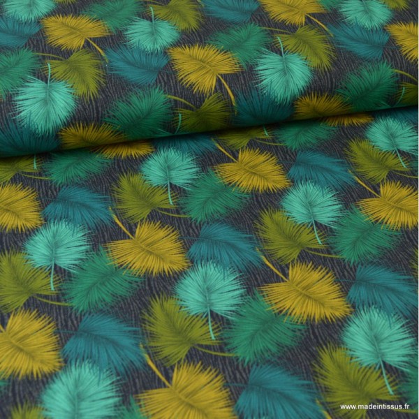Tissu popeline coton imprimé feuilles de palme vert, pétrole et ocre - Photo n°1