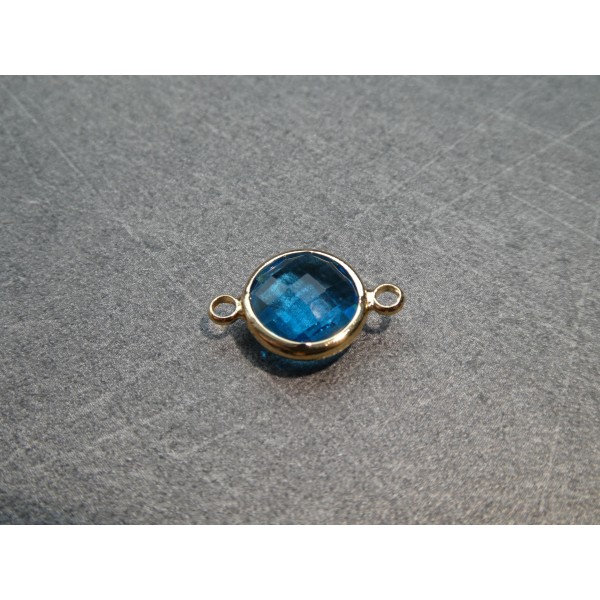Connecteur rond laiton doré et verre facetté - 16*10mm - Bleu turquoise - Photo n°1