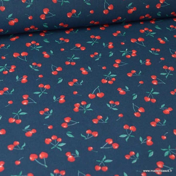 Tissu coton motifs Cerises fond marine - Oeko tex - Photo n°1