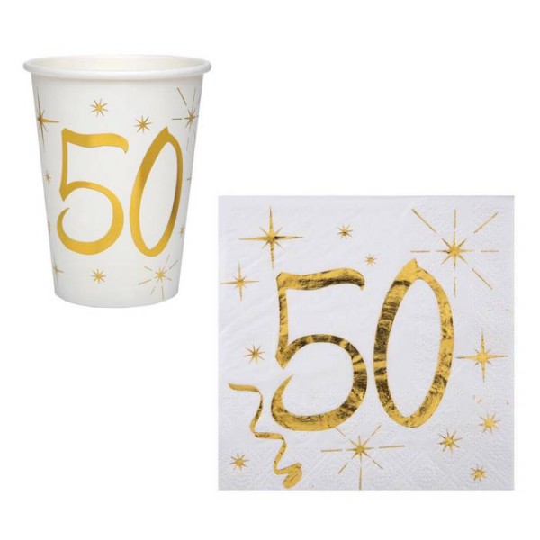 100 Gobelets + 100 Serviettes Anniversaire 50 ans blanc et or - Photo n°1