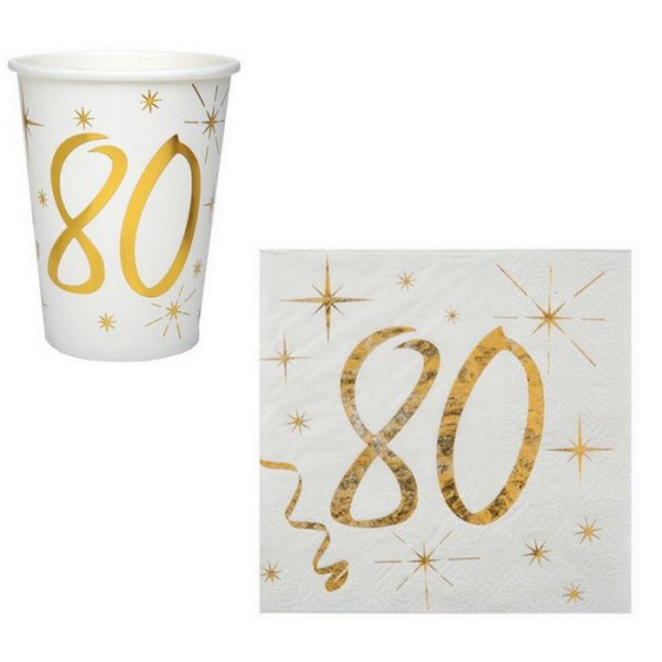 100 Gobelets + 100 Serviettes Anniversaire 80 ans blanc et or - Photo n°1