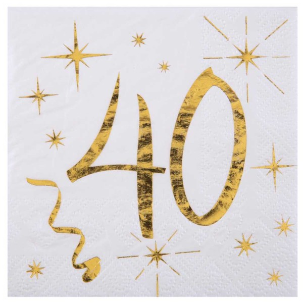 100 Serviettes cocktail anniversaire 40 ans blanc et or - Photo n°1