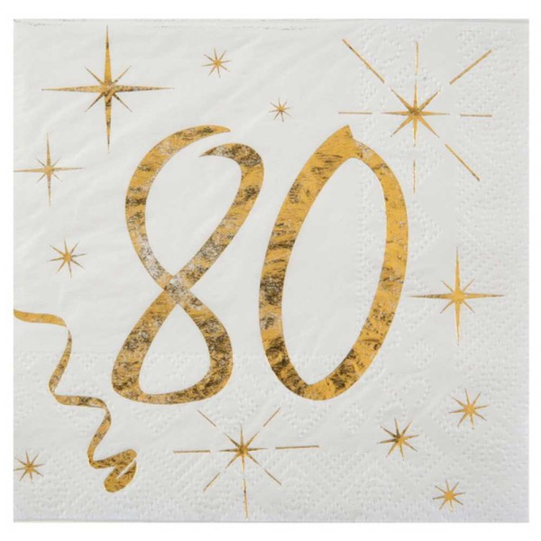100 Serviettes cocktail anniversaire 80 ans blanc et or - Photo n°1
