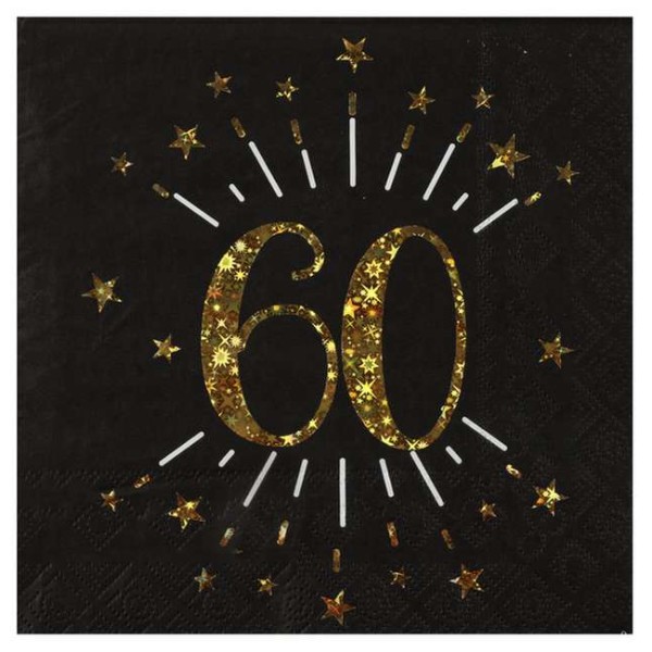 100 Serviettes anniversaire 60 ans noir et or - Photo n°1
