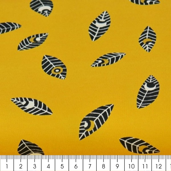 Tissu Jersey - Fond Moutarde imprimé plumes - Par 10 cm (sur mesure) - Photo n°2