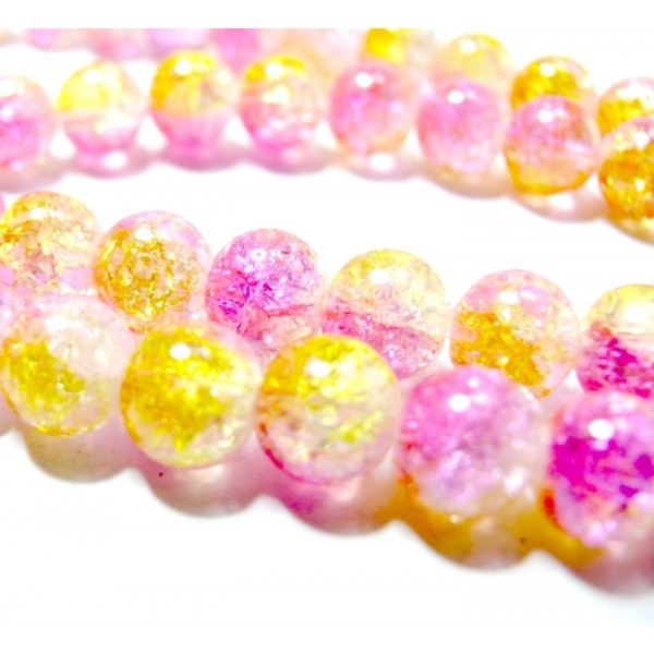 H1128031 fil environ 100 perles de verre craquelé rose et jaune pale 8mm - Photo n°1