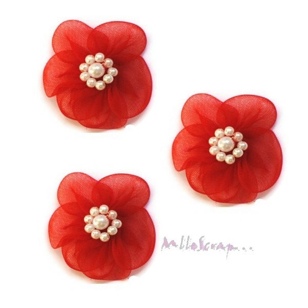Appliques fleurs tissu perles rouge - 5 pièces - Photo n°1