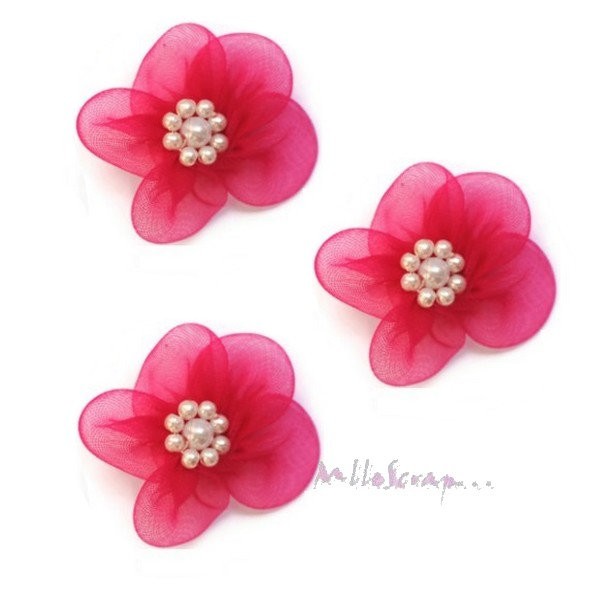Appliques fleurs tissu perles rose foncé - 5 pièces - Photo n°1