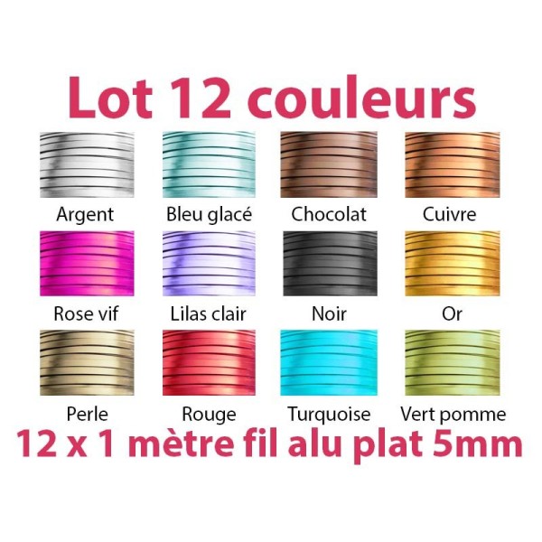 Lot 12 couleurs x 1 mètre de fil aluminium plat 5mm - Photo n°1