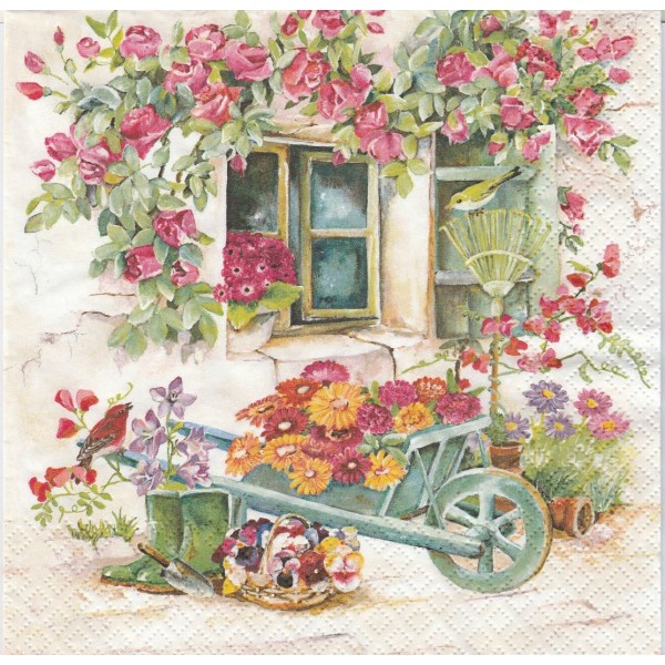 4 Serviettes en papier Jardin Brouette Fleurs Format Lunch Decoupage Decopatch 211632 Home Fashion - Photo n°1