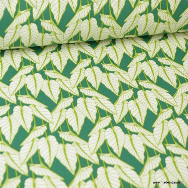 Tissu coton imprimé feuilles Horta fond vert - Oeko tex - Photo n°1