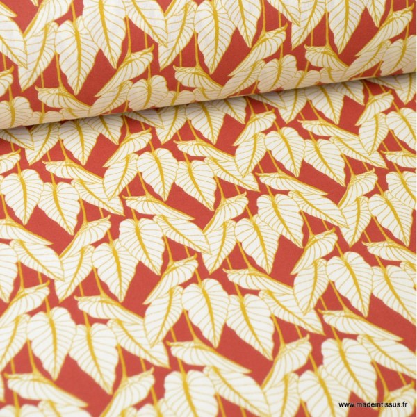 Tissu coton imprimé feuilles Horta fond rouge - Oeko tex - Photo n°1