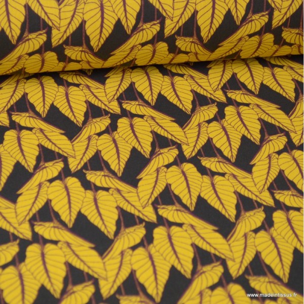 Tissu coton imprimé feuilles Horta fond Anthracite - Oeko tex - Photo n°1