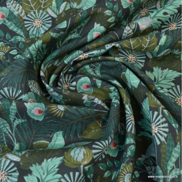 Tissu popeline coton imprimé feuilles et fleurs vert - Morris - oeko tex - Photo n°2