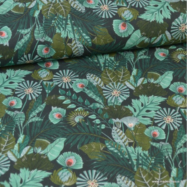 Tissu popeline coton imprimé feuilles et fleurs vert - Morris - oeko tex - Photo n°1