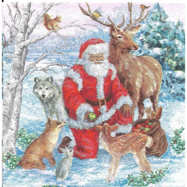 4 Serviettes en papier Père Noël Animaux de la forêt Format Lunch Decoupage SLGW-021601 Pol-Mak - Photo n°1