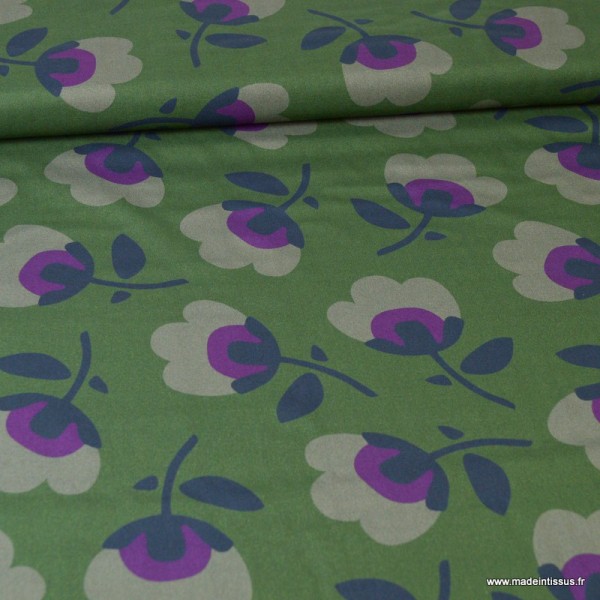 Tissu Bio Viscose Rayon coton à fleurs fond vert 