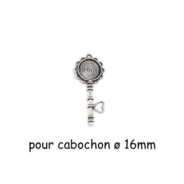 2 Pendentifs Clé Du Paradis Coeur Support Pour Cabochon 16mm En Métal Argenté - Photo n°1