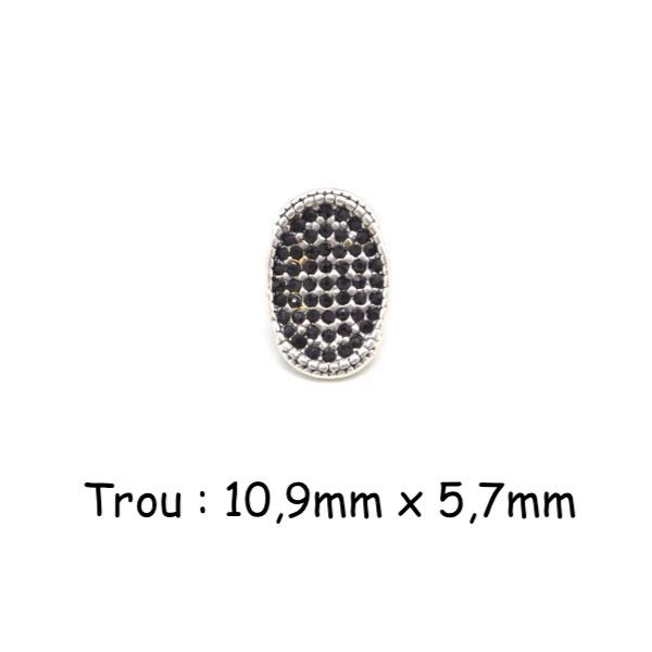 2 Perles Passant Ovale À Strass Noir En Métal Argenté Pour Doubles Cordons Cuir 5mm - Photo n°1