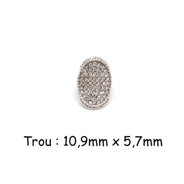 2 Perles Passant Ovale À Strass Incolore Blanc Brillant En Métal Argenté Pour Cuir Régaliz - Photo n°1
