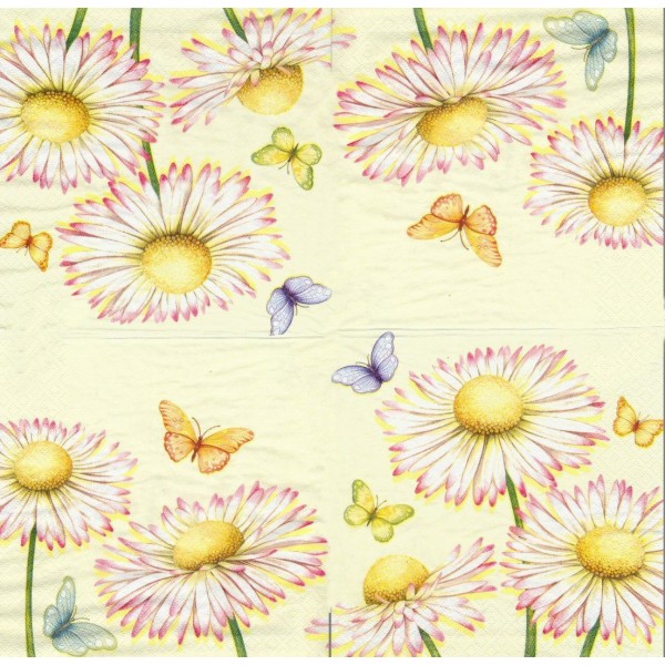 4 Serviettes en papier Fleur Marguerite & Papillons Format Lunch Decoupage Decopatch  SDL-001188 Paw - Photo n°1