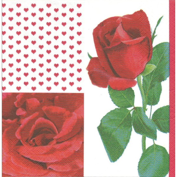 4 Serviettes en papier Fleur Rose Rouge Coeurs Format Lunch Decoupage 1210-09001 Atelier - Photo n°1