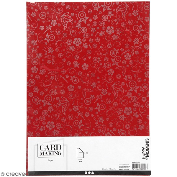 Papier scrapbooking A4 coloris Rouge - Motifs argentés - 20 feuilles - Photo n°1