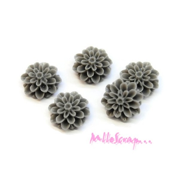 Cabochons fleurs dahlia résine gris - 5 pièces - Photo n°1