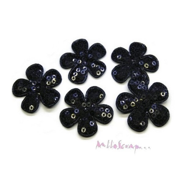 Appliques fleurs tissu sequins noir - 5 pièces - Photo n°1
