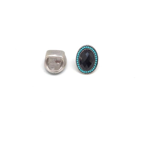 2 Perles Passant En Métal Argenté À Gros Trou Avec Cabochon Ovale Noir Facetté Et Mini Perles Co - Photo n°5