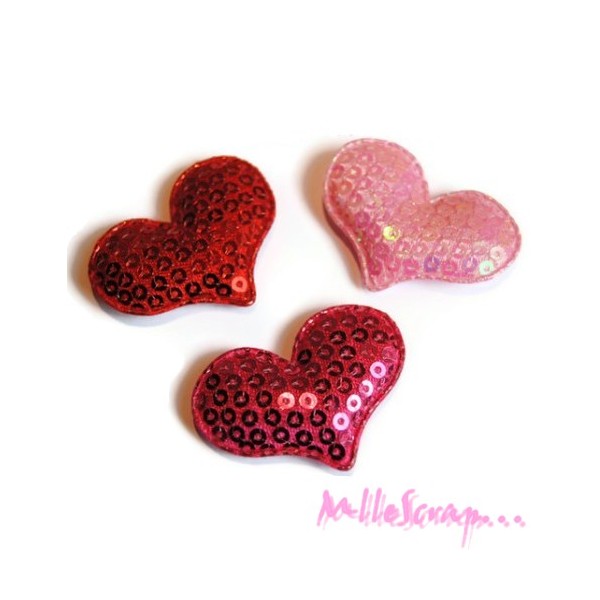 Appliques cœurs tissu sequins rose, rouge - 3 pièces - Photo n°1