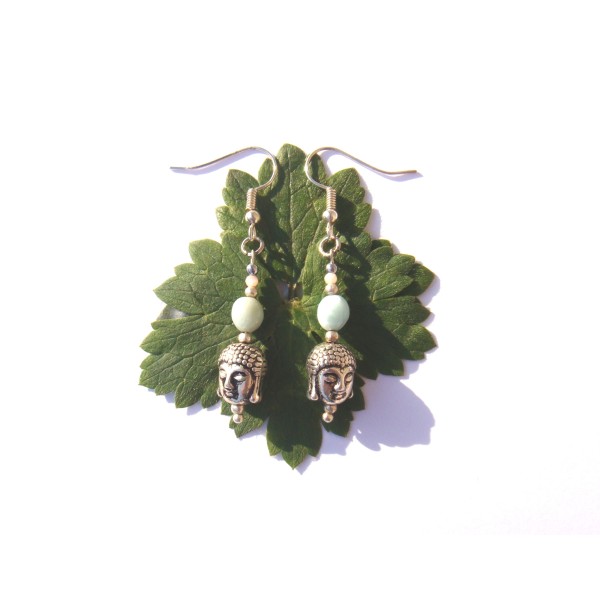 Boucles d'oreilles Larimar / Opale Rose et Bouddha 5.5 cm de hauteur - Photo n°2