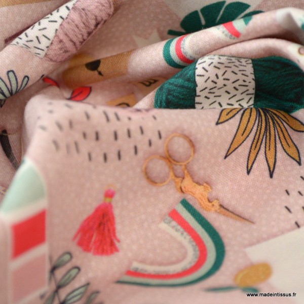 Tissu popeline coton imprimé Pelotes, cactus, ciseaux et autre matériel de couture - Oeko tex - Photo n°3
