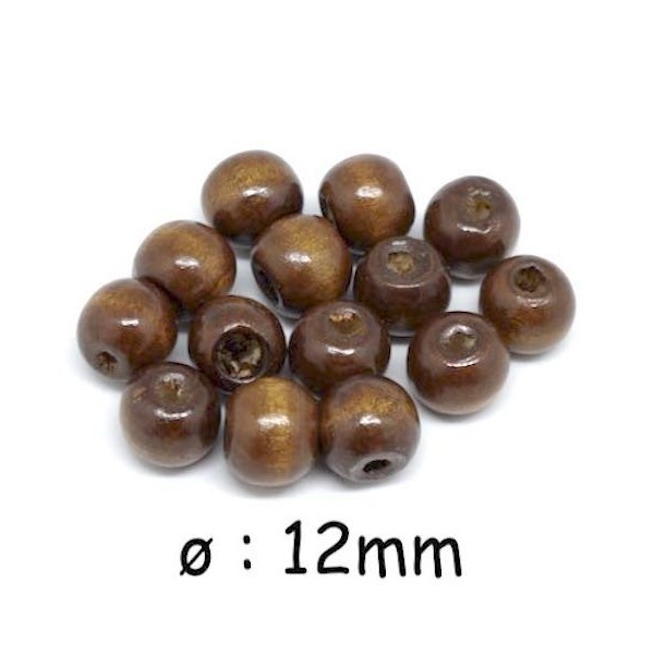 50 Perles En Bois 12mm Rondes Couleur Marron - Photo n°1